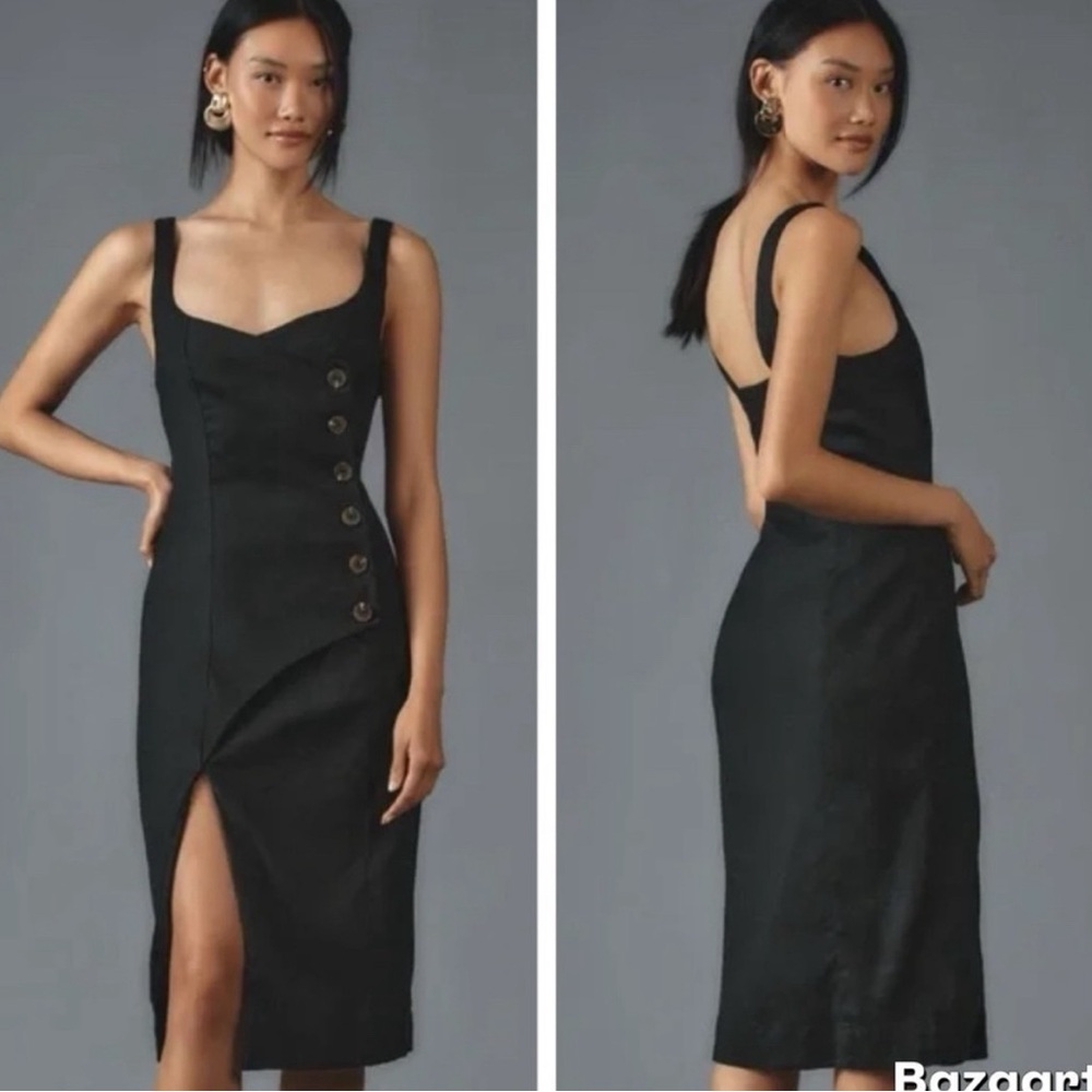 NWOT Anthropologie Sleeveless Square-Neck Linen Button Wrap Midi Dress Sz XS